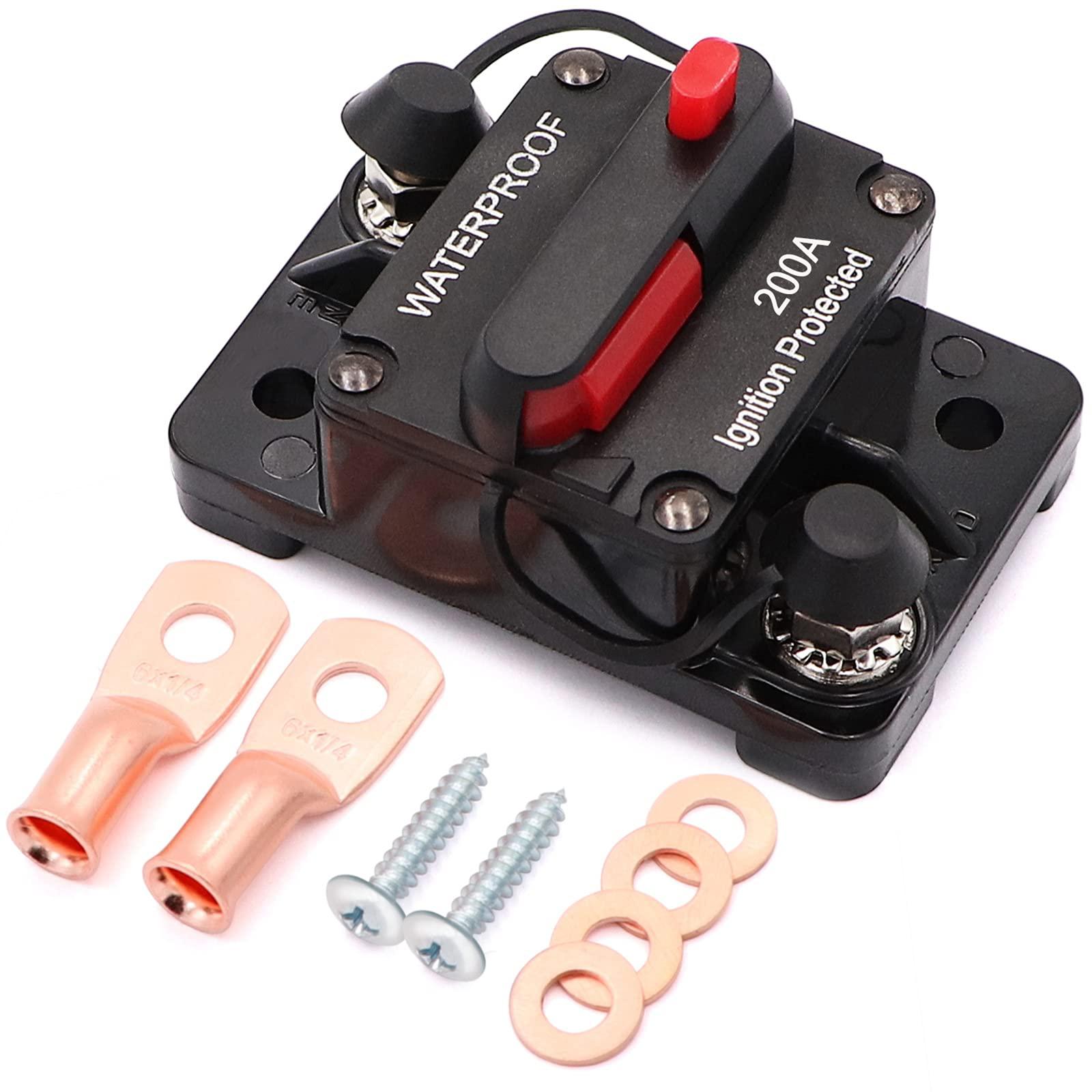 jeemiter 200 amp circuit breaker with manual reset wire lugs copper washer and screws for car marine trolling motors boat atv