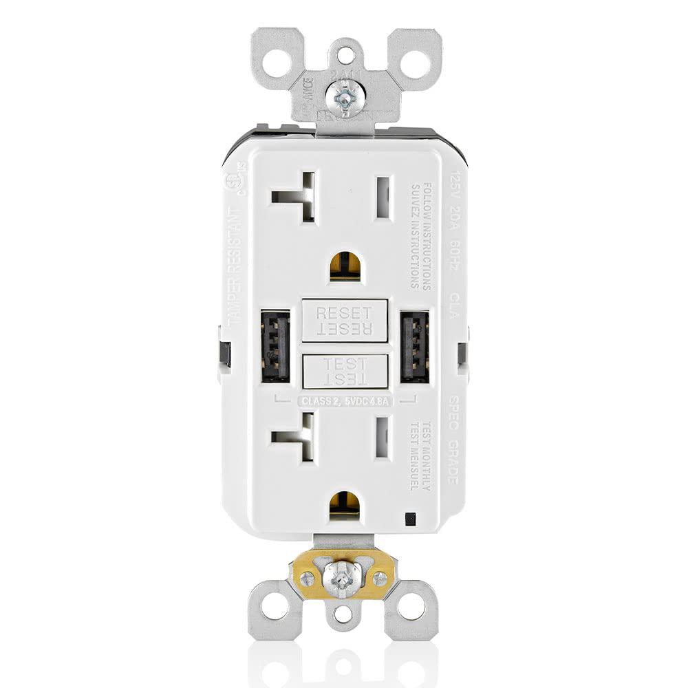 Photo 1 of Leviton 20a smartlockpro gfci combination 24w(4.8a) type a usb in-wall charger outlet, white