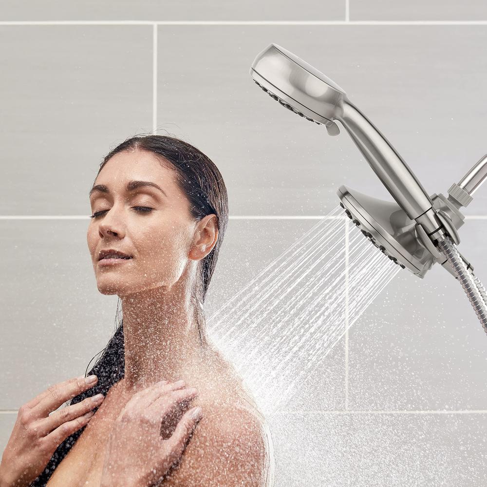 waterpik one-touch dual 2-in-1 shower system with rain shower head and 7-mode hand held shower head, brushed nickel xpb-139e-