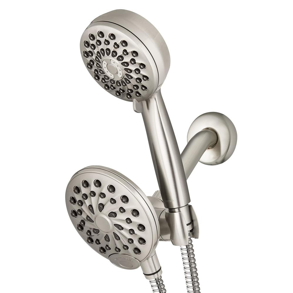 waterpik one-touch dual 2-in-1 shower system with rain shower head and 7-mode hand held shower head, brushed nickel xpb-139e-