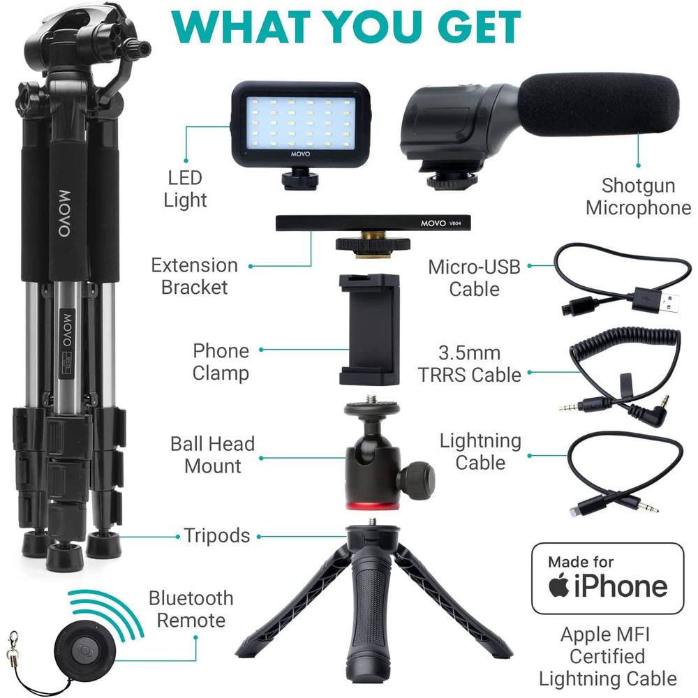 movo ivlogger vlogging kit for iphone with fullsize tripod - lightning compatible vlog kit- accessories: tripods, phone mount