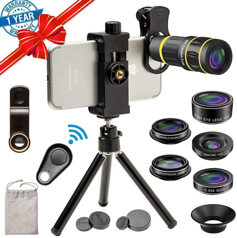 SEVENKA cell phone camera lens kit, sevenka 18x telephoto lens with remote shutter, tripod, fisheye, macro and wide angle lens for ip