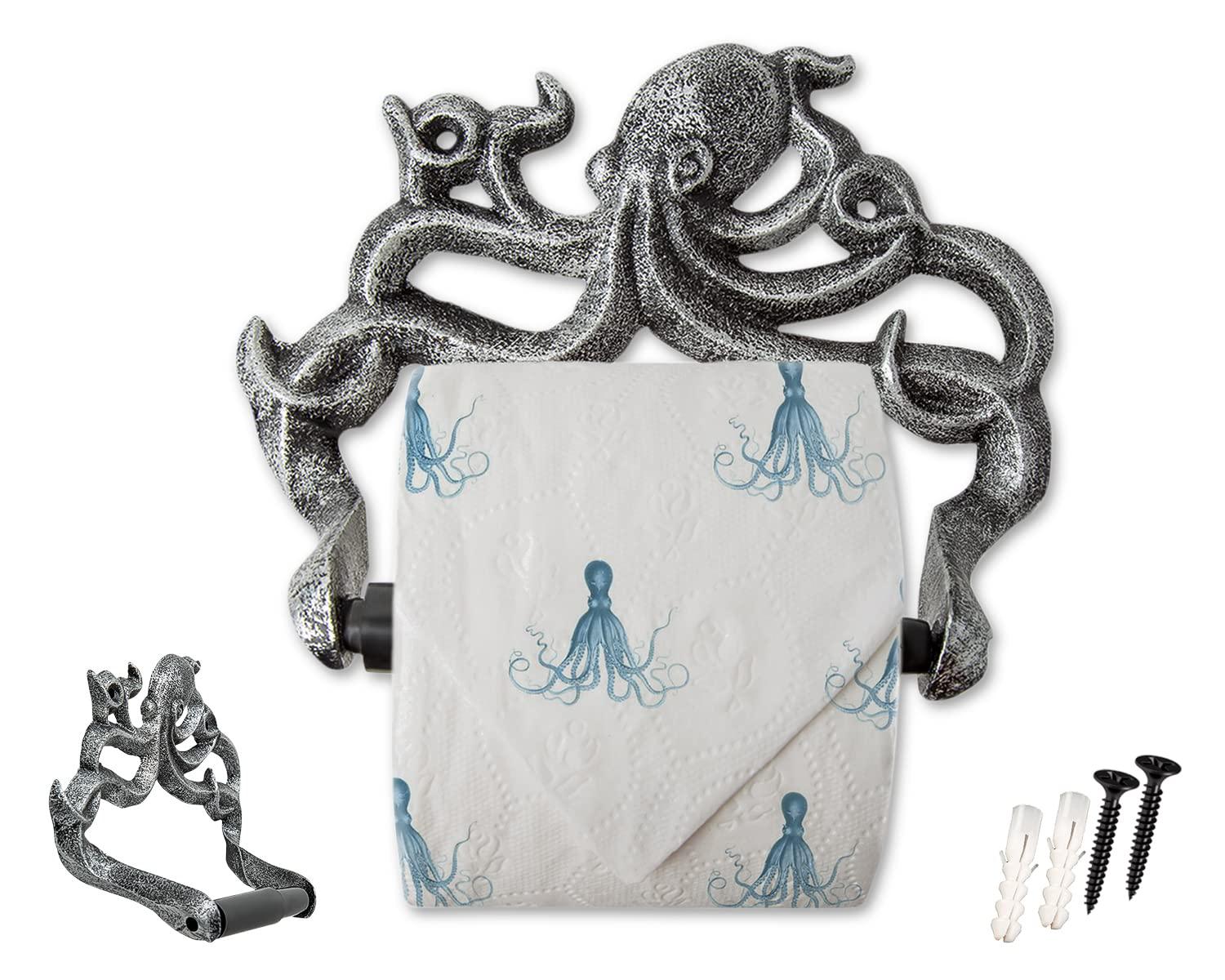 Comfify decorative cast iron octopus toilet paper roll holder - wall mounted octopus dcor for bathroom - kraken, nautical bathroom ac