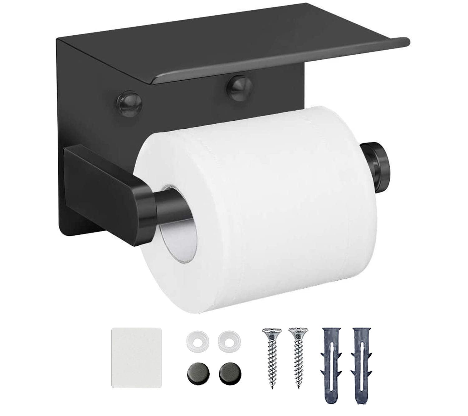 Jnnicoog Toilet Paper Holder with Shelf, Matte Black Toilet Paper Holder,  Toilet PaperHolder Wall Mount, Bathroom Adhesive Toilet Paper Holder SUS  304