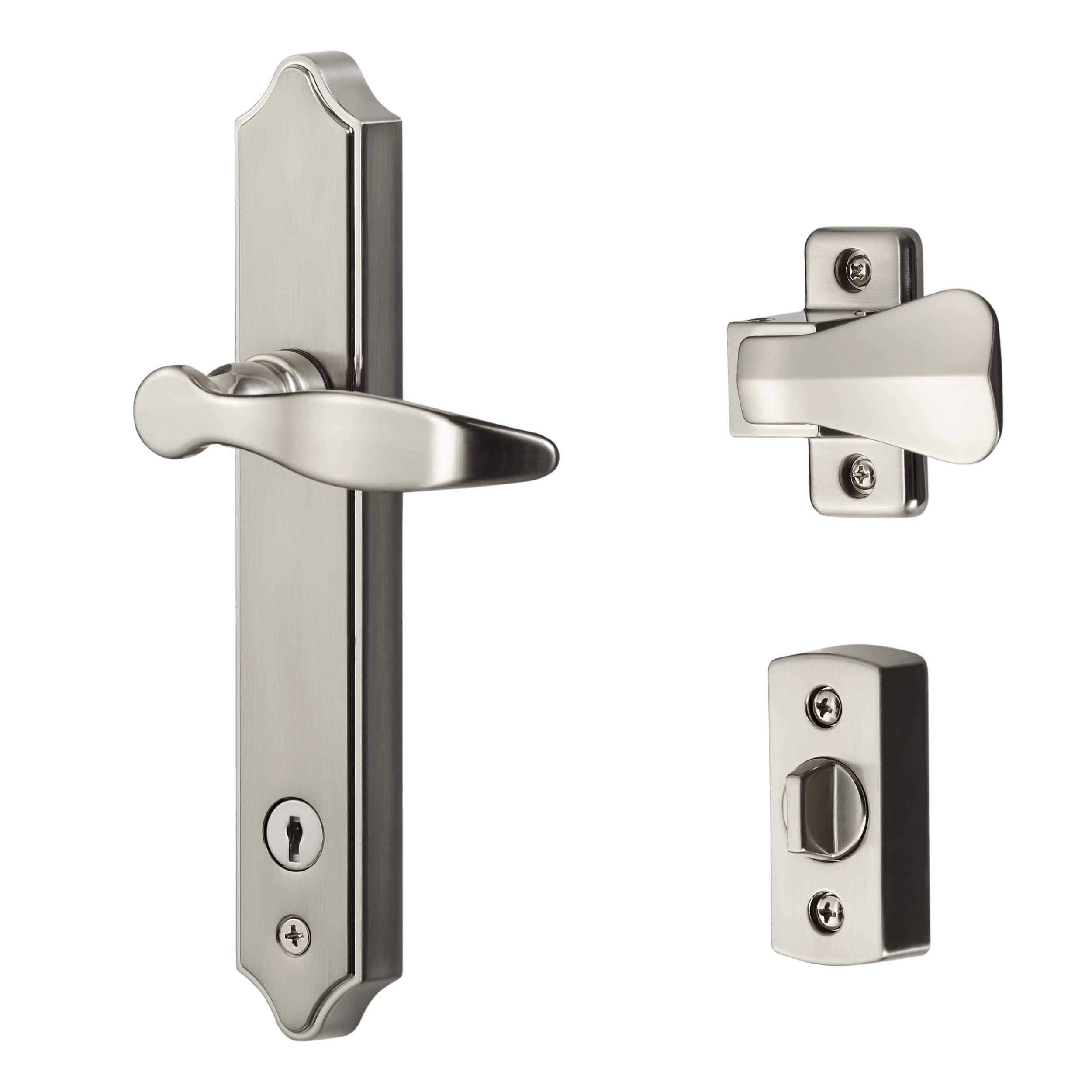 ideal security door lever with deadbolt lock for out-swinging doors, satin silver