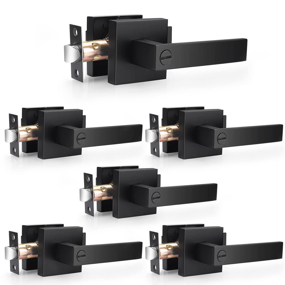 probrico 6 pack matte black door handles heavy duty flat square privacy interior door levers for bedroom & bathroom, keyless 