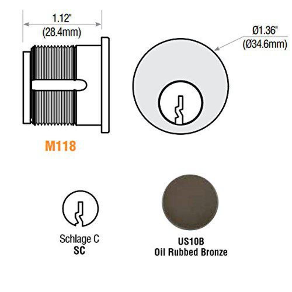 gms m118-sc-10b, ssch 1 1/8" mortise cylinder, oil rubbed bronze finish
