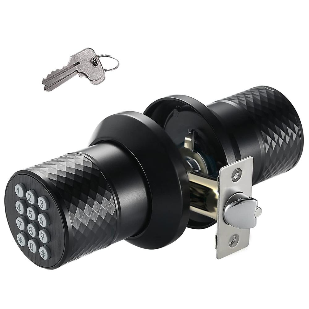 buoan keypad door knob lock, keyless entry door lock with anti-slip handle, auto lock, waterproof electronic black door knob, safe 