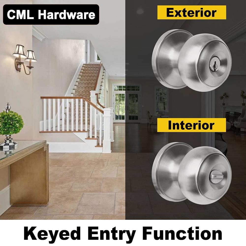 cml hardware keyed entry door knob set, entrance door lock in solid stainless steel for exterior and interior, round ball han