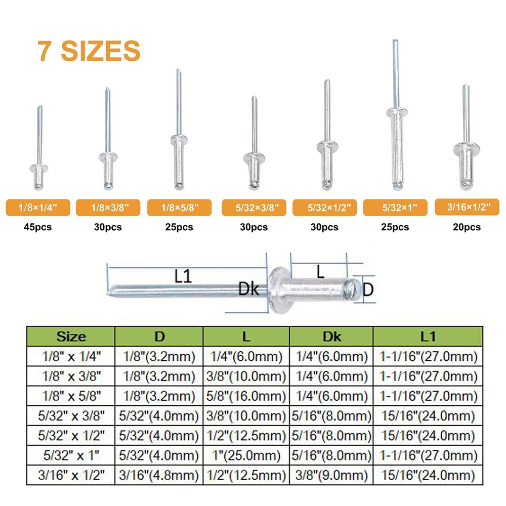 binifimux 205pcs aluminum blind rivets,7 sizes,pop rivets assortment ...
