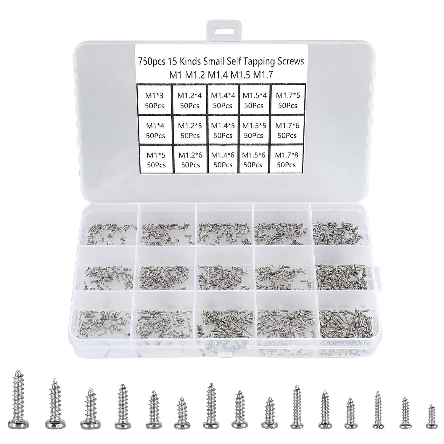 HanTof 750pcs Silver Tiny Screws for Electronics, M1, M1.2, M1.4, M1.5, M1.7 Very Small Phillips Pan Head Self Tapping Screws