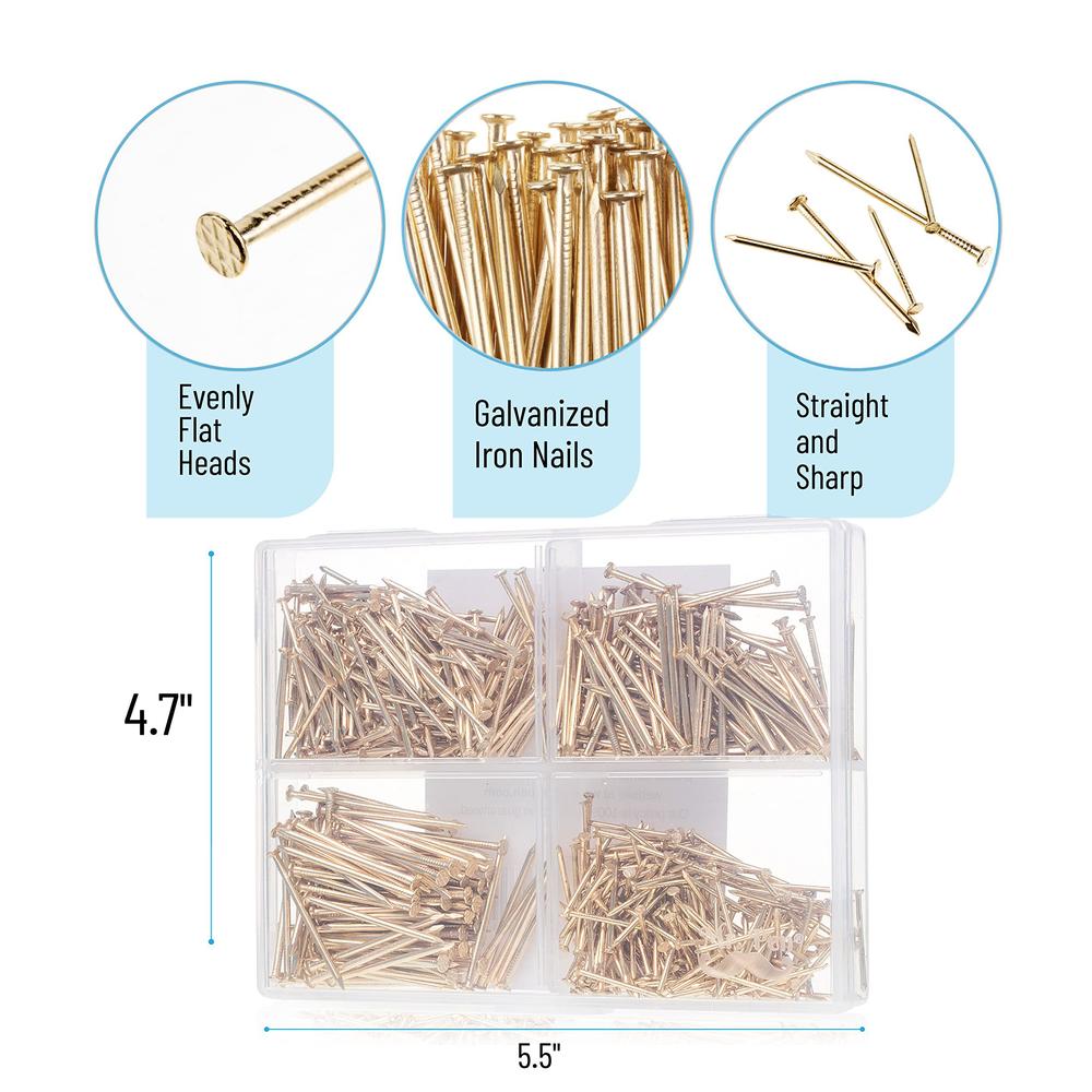 mr. pen- nail assortment kit, 600 pcs, 4 sizes, gold, small nails, nails for hanging pictures, finishing nails, wall nails fo