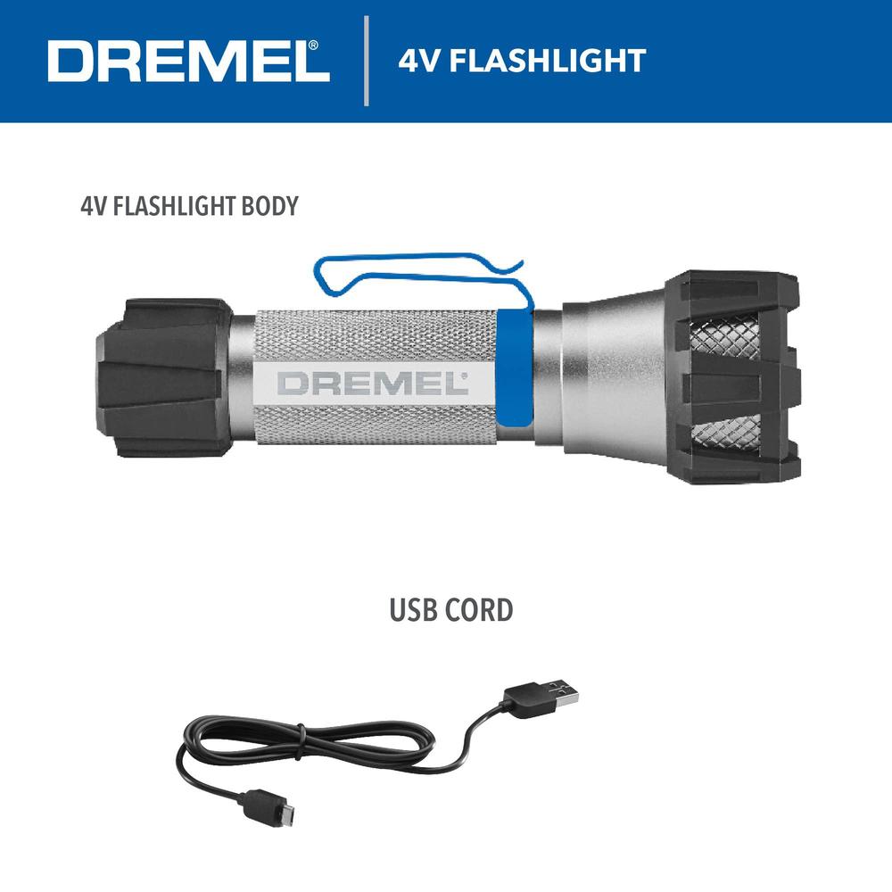 dremel hsfl-01 4v usb rechargeable cordless flashlight with 500 lumens and 3 light modes, grey