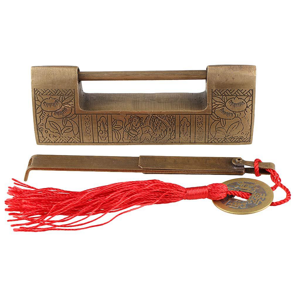 szzijia 9cm traditional chinese door lock brass antique style 5cm spacing carved jewelry box padlock with key bronzy