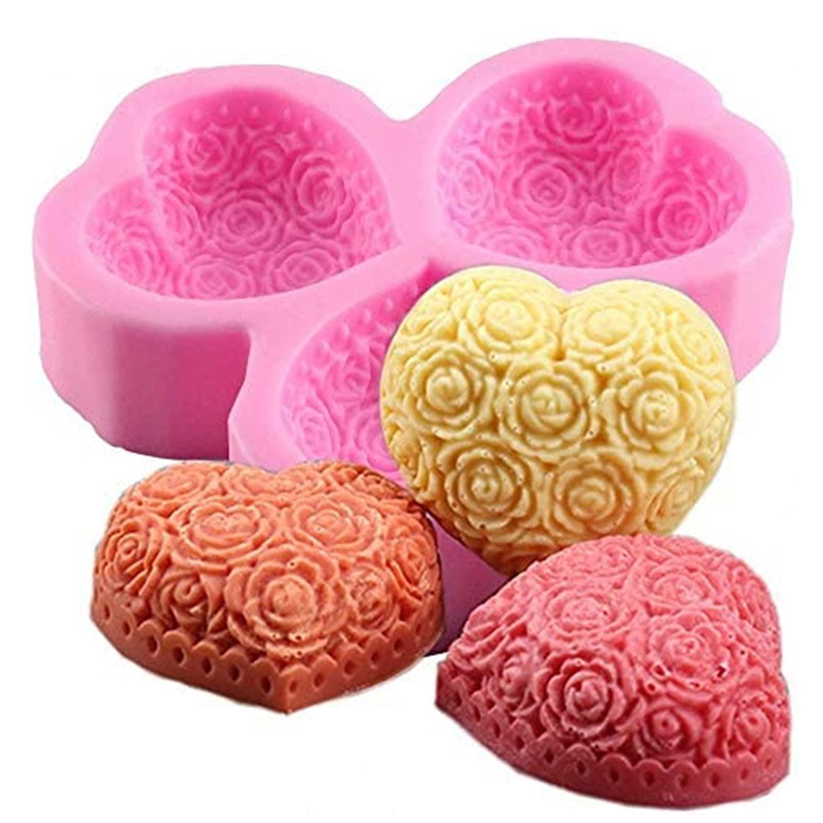 NINEXY 3-cavity heart rose flower silicone soap mold fondant mold for cake decoration, chocolate,candle, bath bomb, lotion bar