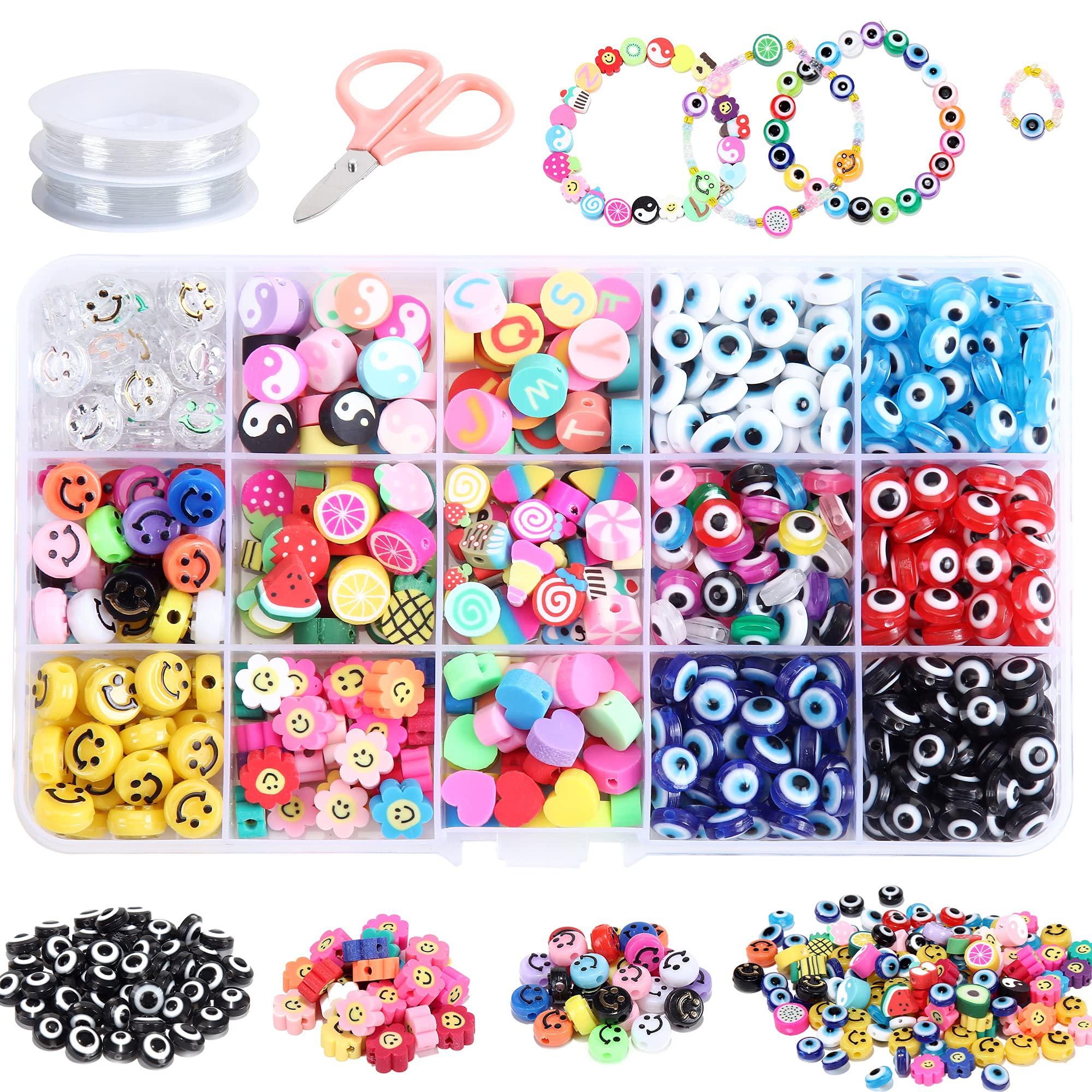 LUBINGSHINE 420pcs Fruit Smiley Face Handmade Polymer Clay Beads Kit 15 Styles Letter Beads Evil Eye Beads for Women Girls Jewelry Making