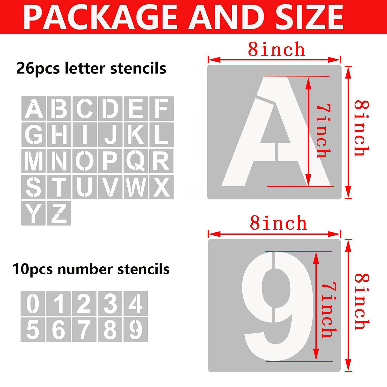 yeajon 8 inch letter stencils and numbers, 36 pcs alphabet art craft stencils, reusable plastic art craft stencils for wood, 