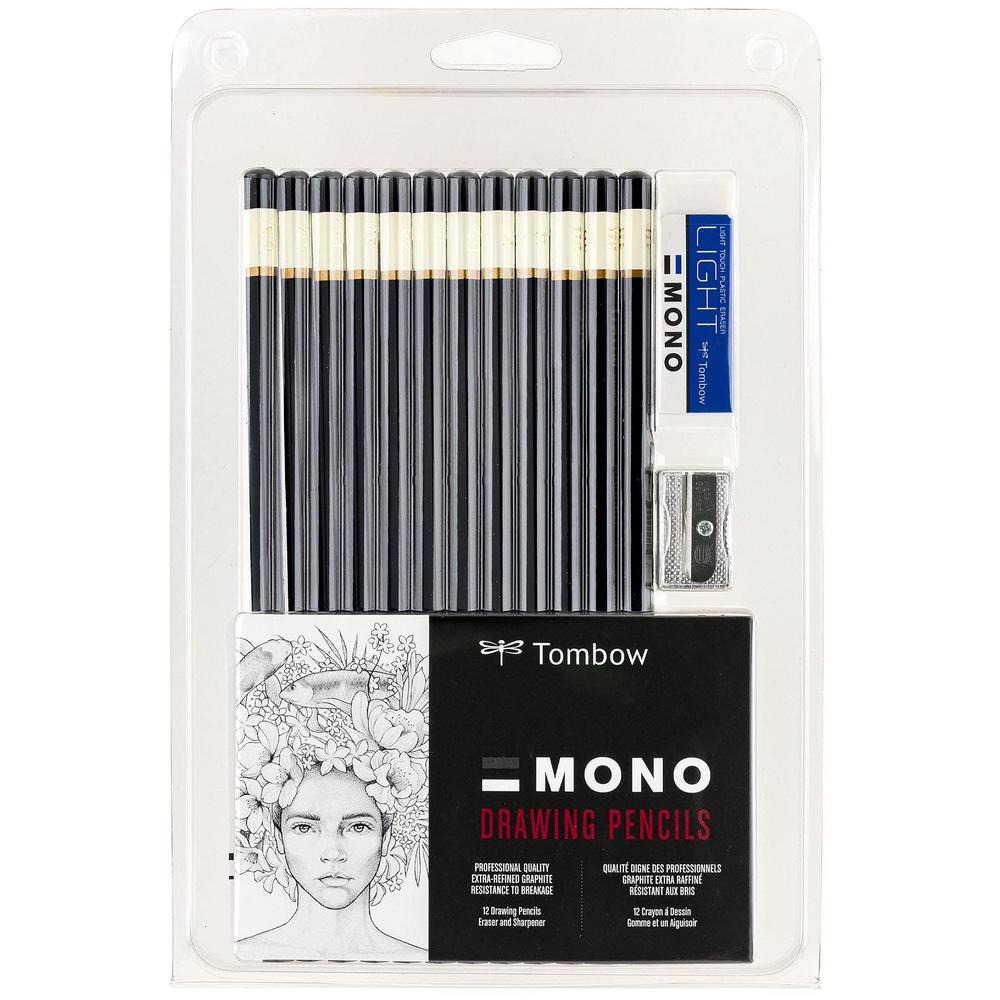 tombow 51523 mono drawing pencil set, assorted degrees, 12-pack. professional quality graphite pencil set with eraser and sha