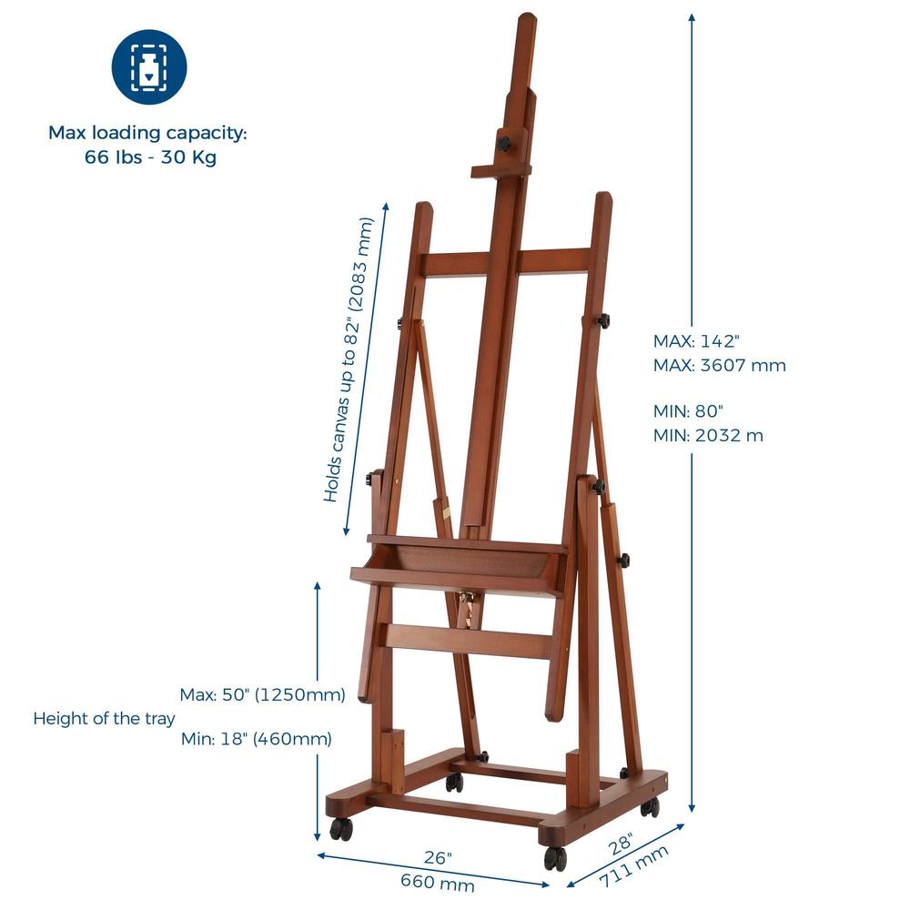 viswin heavy-duty extra large h-frame easel, holds canvas up to 82", tilts flat, solid beech wood convertible studio easel wi
