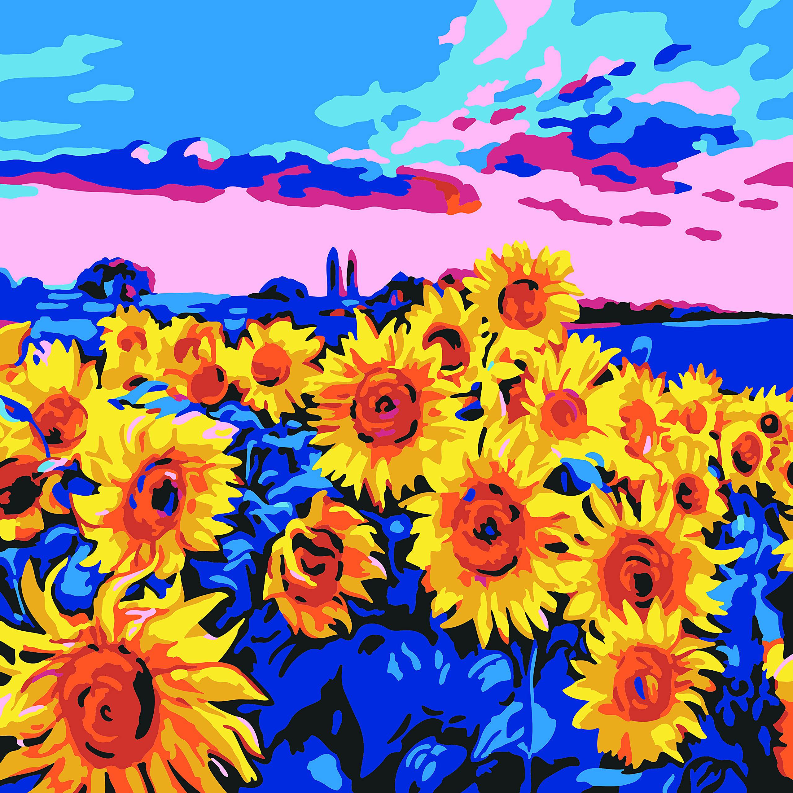 plaid sunflower meadow modern kit, 14" x 14" paint by numbers for adults and kids, easy-to-follow diy crafts, art supplies wi