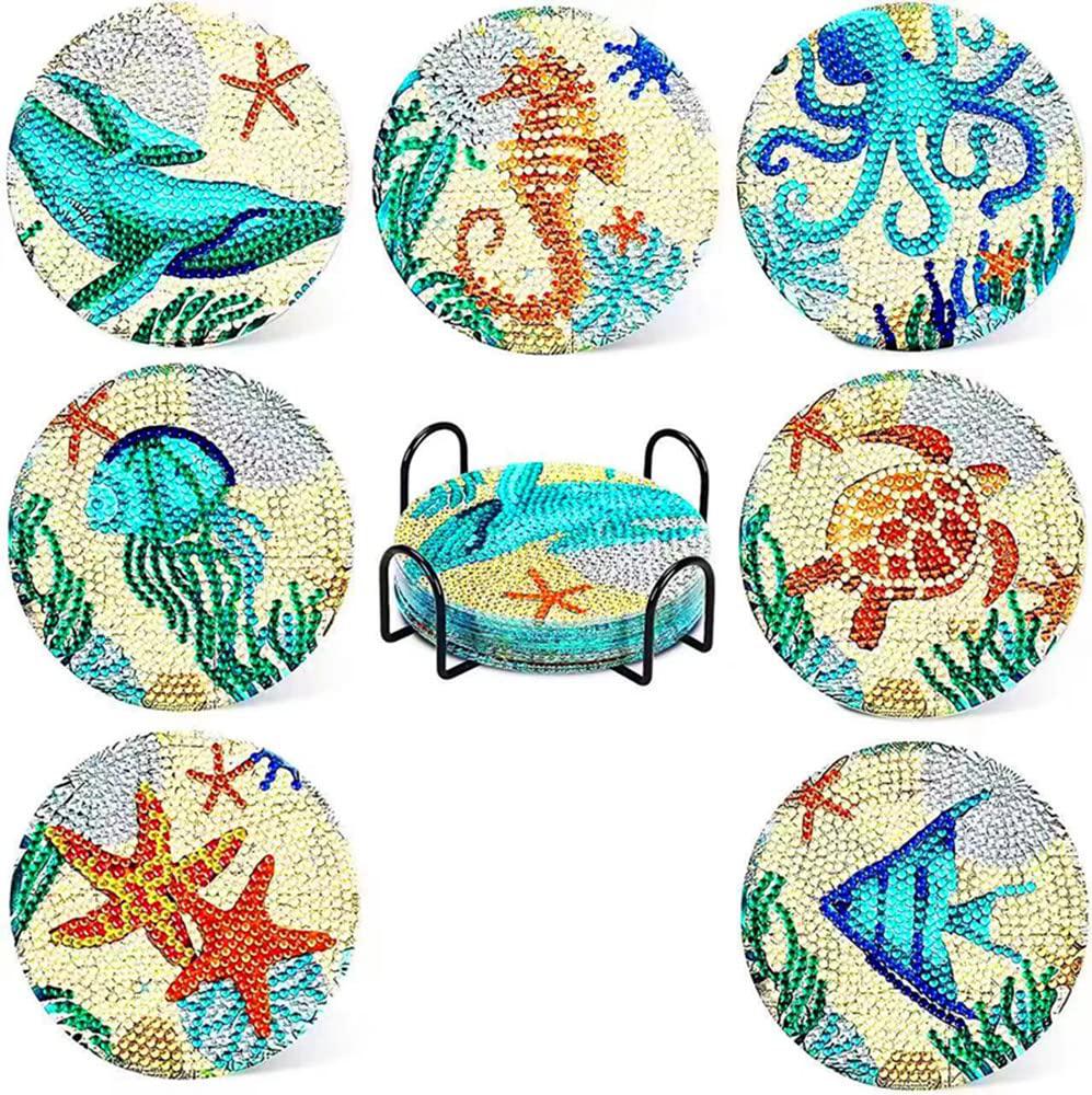 MMAHD 7 Pcs Diamond Painting Coasters with Holder,DIY Marine Life Diamond Painting Kits for Adults & Kids,Diamond Art Kits for Craf