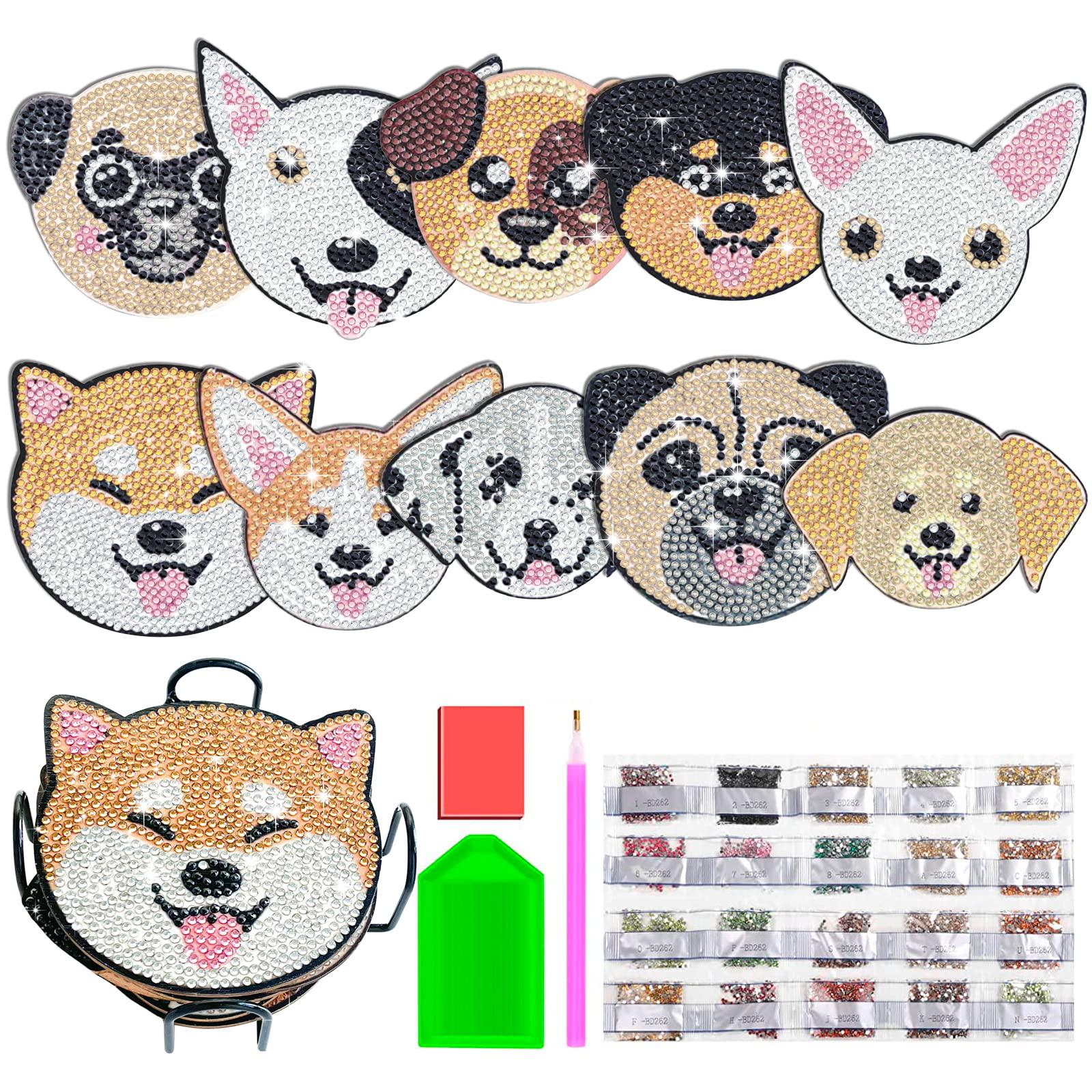 JHGCVX 10 Pcs Dog Diamond Painting Coasters Kit,Diamond Dot Art Wood Coasters,Diamond Painting Coasters with Holder for Adult