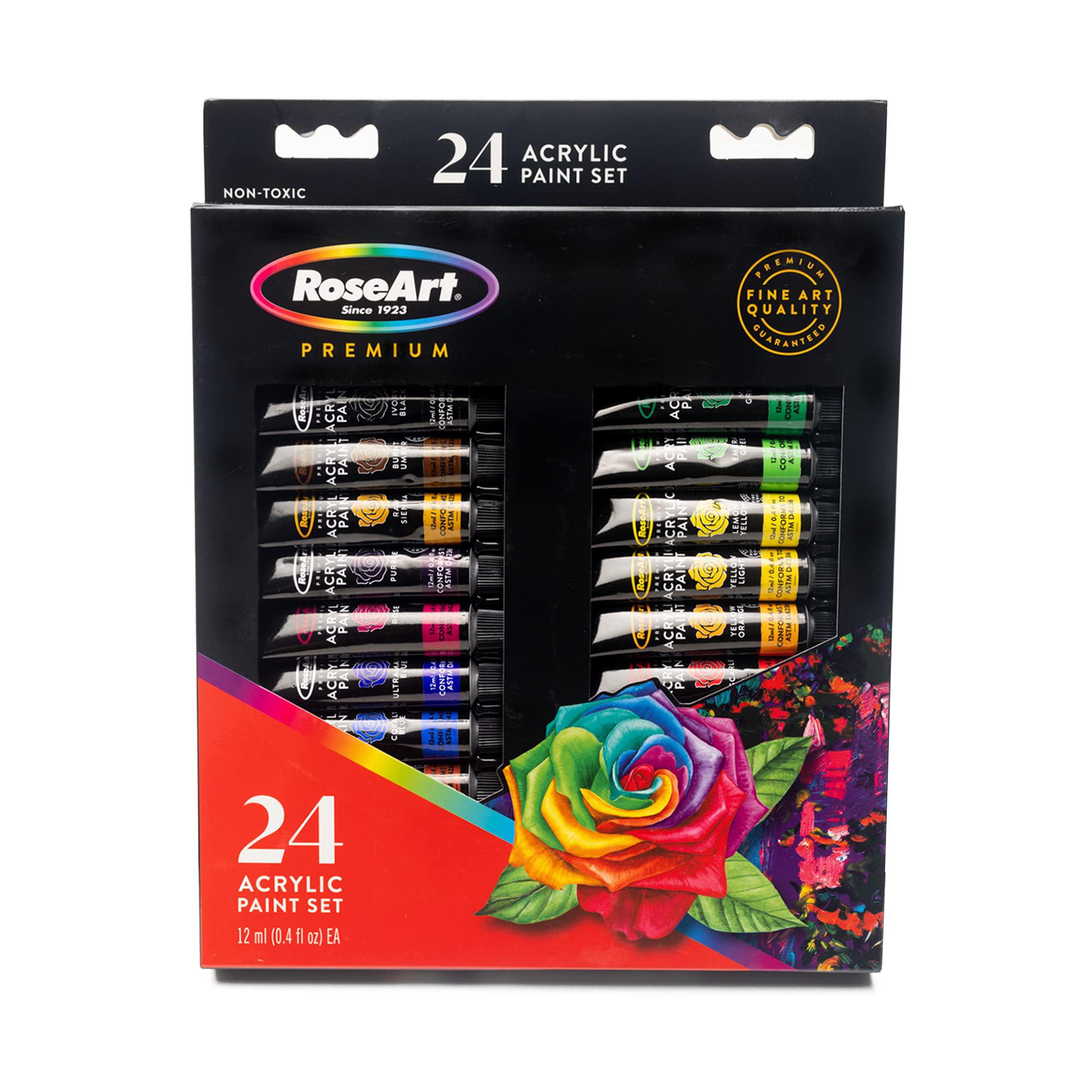roseart premium paint set - 24 count acrylic paints for canvas, wood, ceramic and fabrics - craft painting supplies for casua