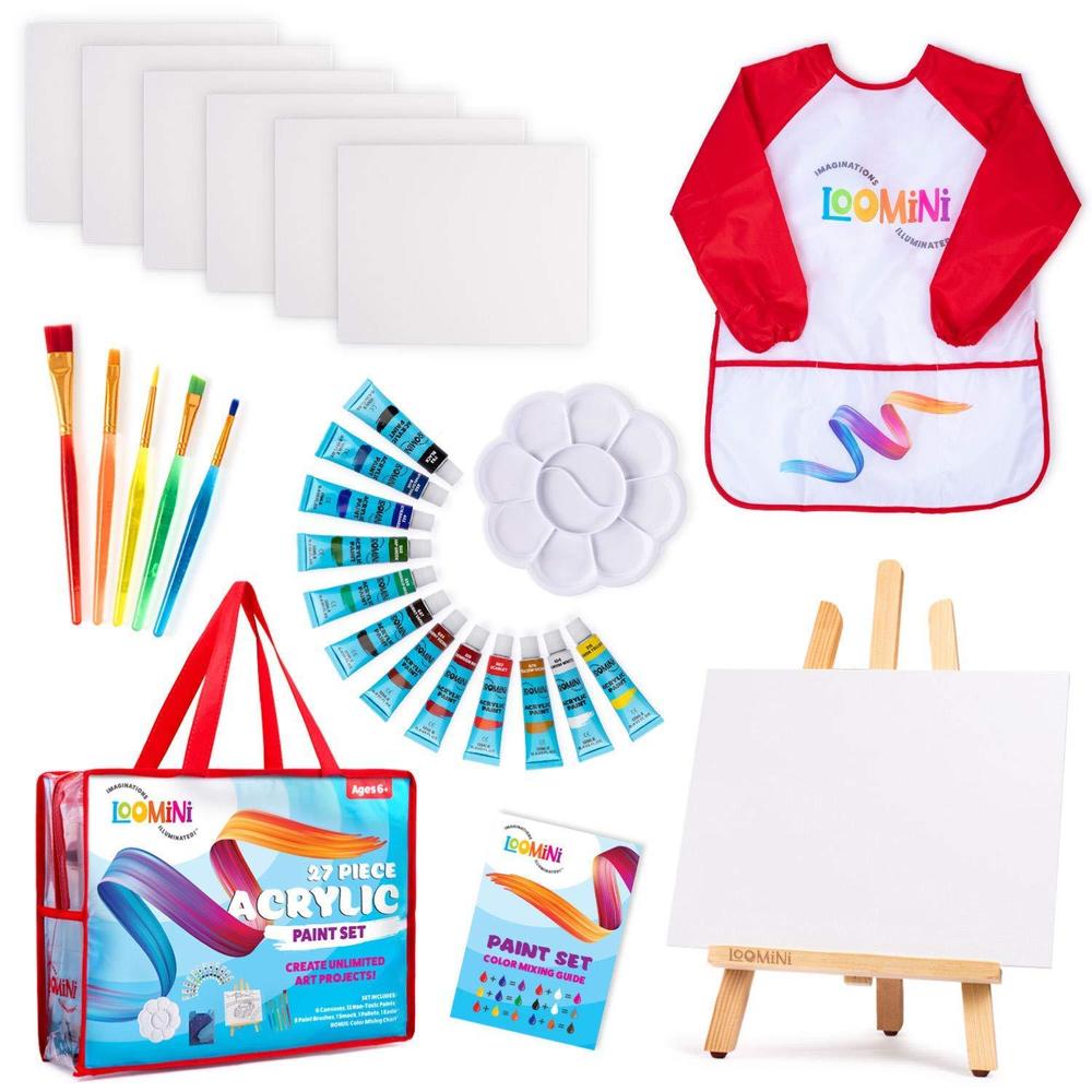 Loomini paint set for kids | premium art supplies for boys & girls | 27 piece acrylic paint set includes canvas panels, paint brushes