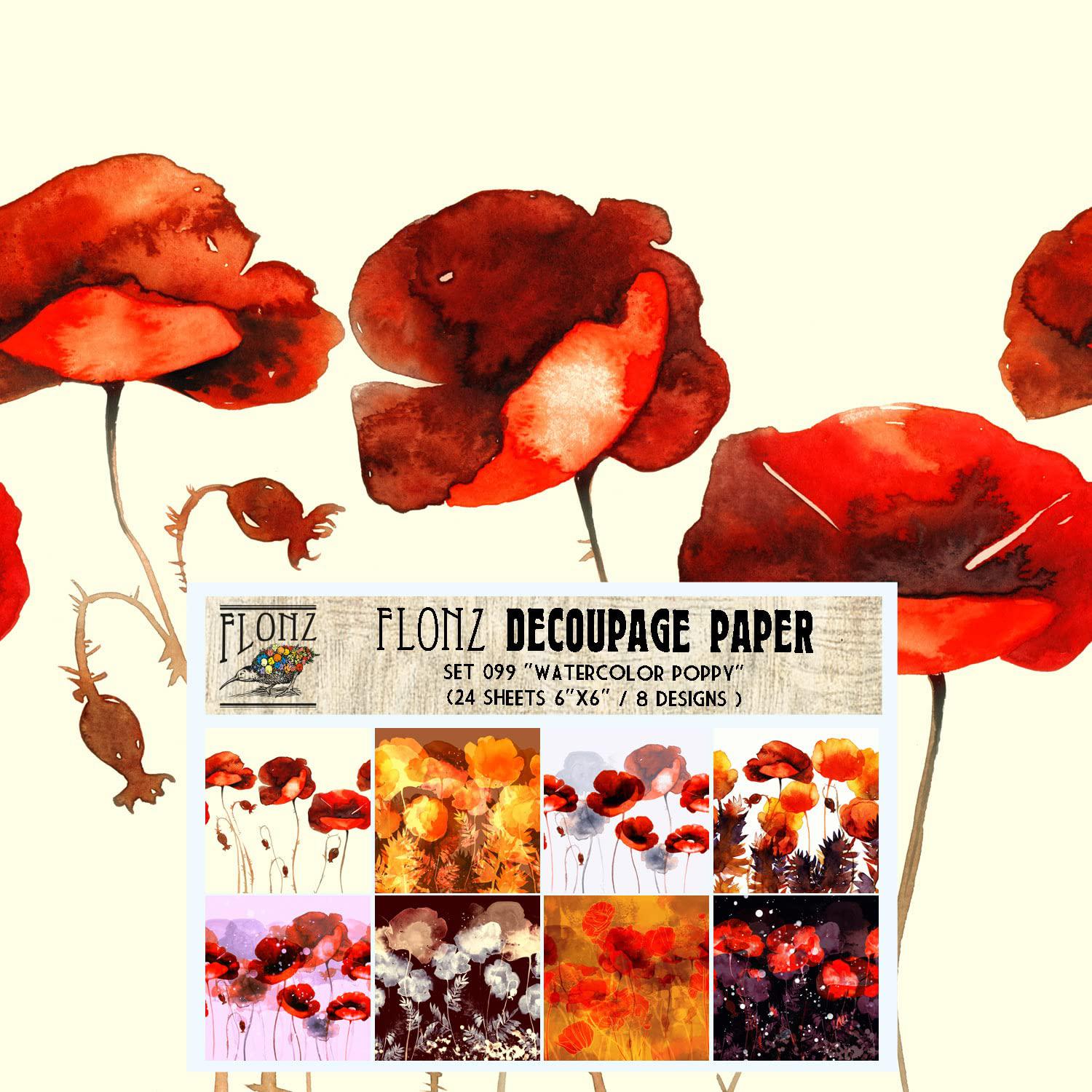 Flonz decoupage paper pack (24 sheets 6"x6") watercolor poppy # vintage styled seamless pattern paper for decoupage, craft and scra