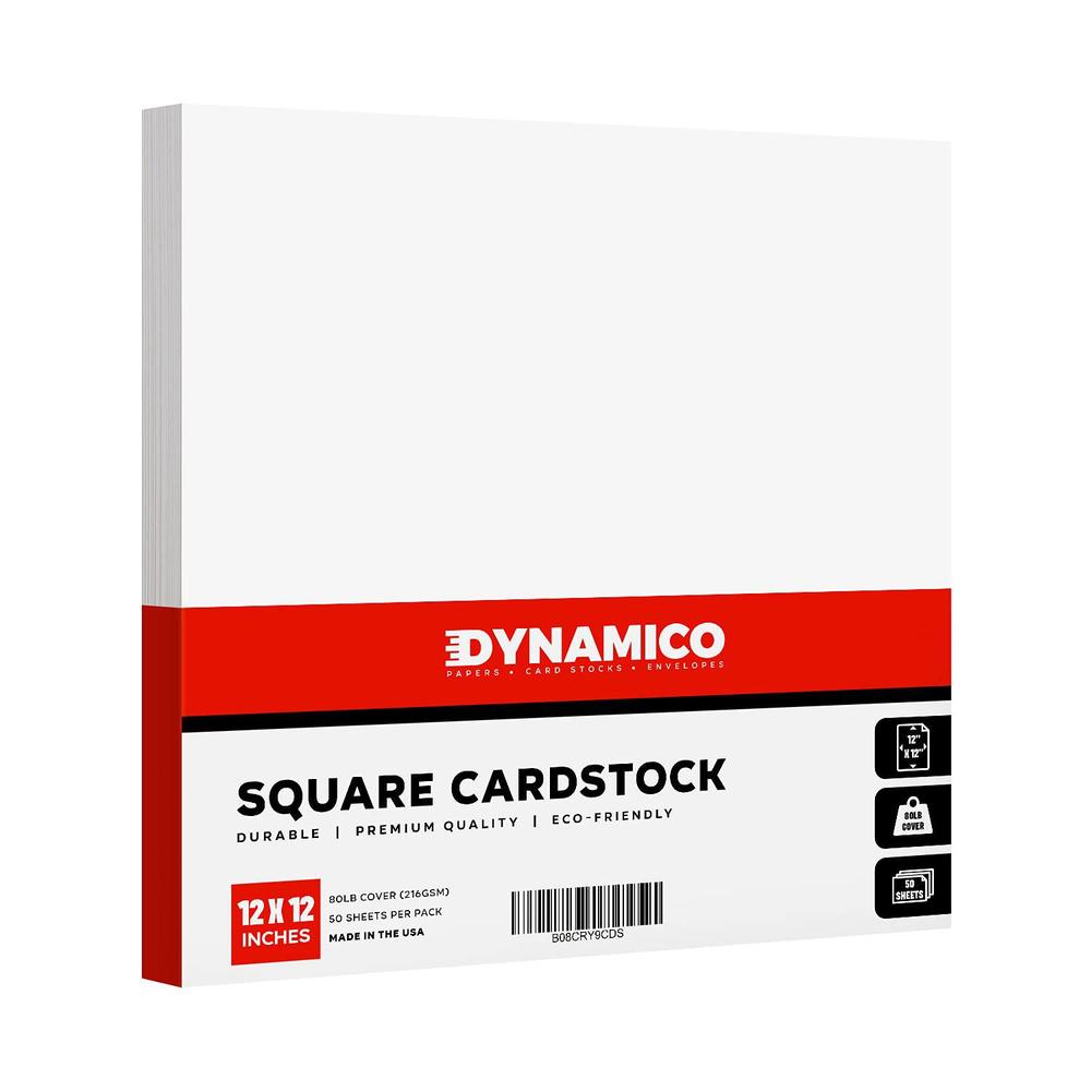 dynamico 12 x 12 square cardstock | 80lb cover white thick card stock paper - smooth finish | great for arts and crafts, phot
