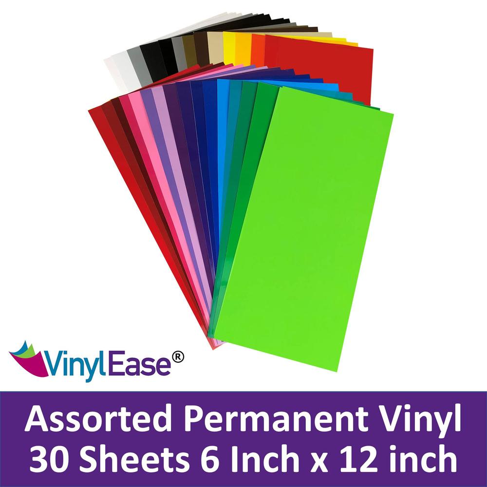 vinyl ease 30 sheets 6" x 12" assorted colors gloss permanent adhesive vinyl for cricut, silhouette, pazzles, craft robo, qui