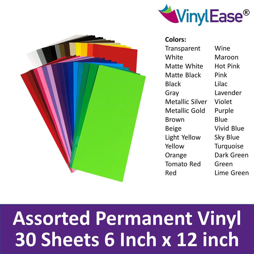 vinyl ease 30 sheets 6" x 12" assorted colors gloss permanent adhesive vinyl for cricut, silhouette, pazzles, craft robo, qui