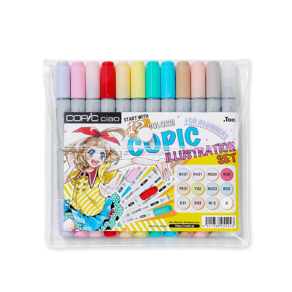 copic ciao illustration set, alcohol-based markers (12 pcs) with an instruction book
