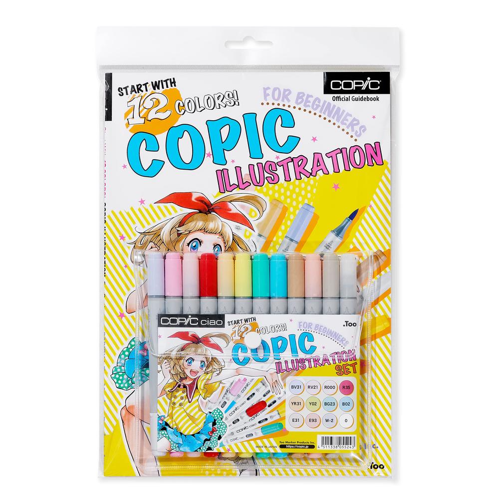 copic ciao illustration set, alcohol-based markers (12 pcs) with an instruction book