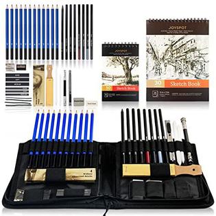 JOY SPOT! 42 pack drawing sketch kit, pencil art set with 2 big sketchbooks  9x12 5.5x 8.5, graphite and charcoal pencils, pro art drawi