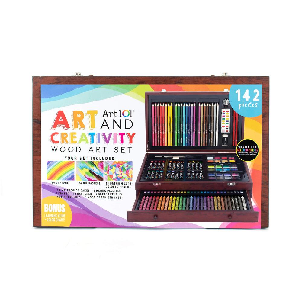 Art 101 USA art 101 doodle and color 142 pc art set in a wood carrying case, includes 24 premium colored pencils, a variety of coloring a