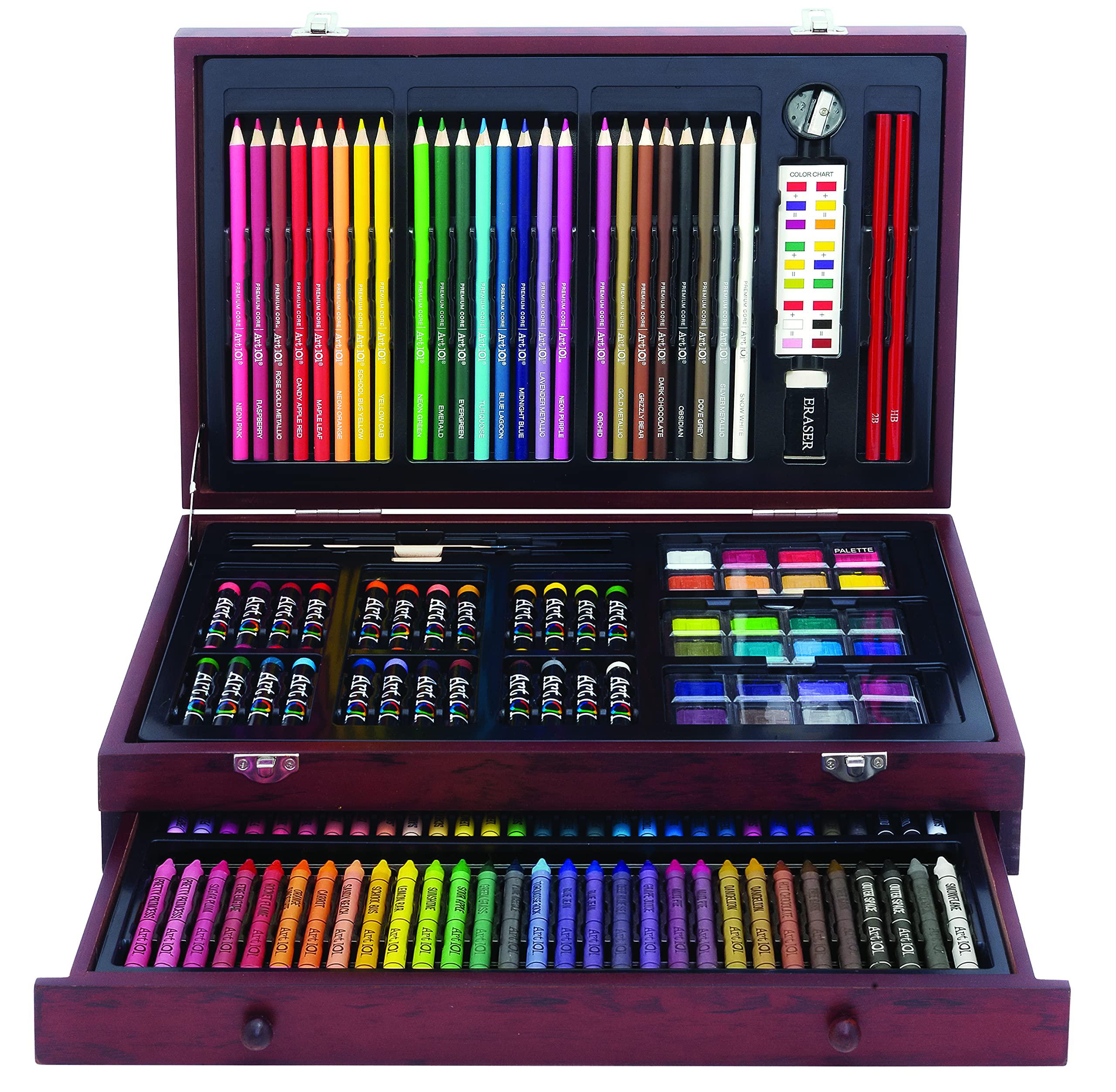 Art 101 USA art 101 doodle and color 142 pc art set in a wood carrying case, includes 24 premium colored pencils, a variety of coloring a