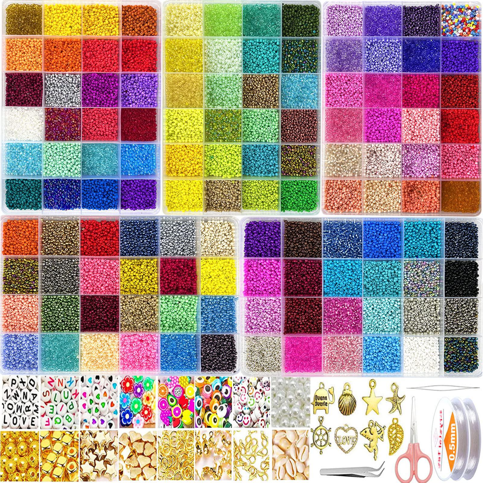 VTSHENY 54000pcs Glass Seed Beads for Jewelry Making Kit 120 Colors 2mm Small Beads Kit Bracelet Beads with Letter Evil Eye Beads Jump Rings & Charms Pendan