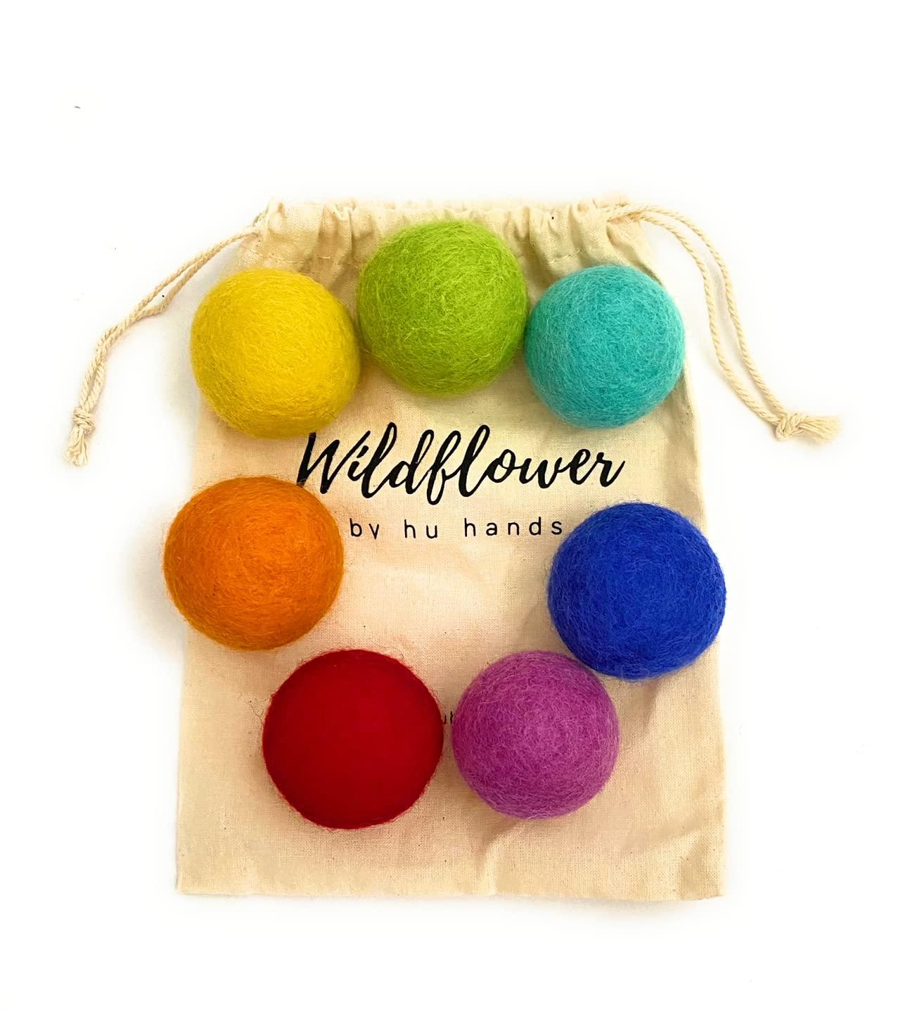 Wildflower by Hu Hands Rainbow Large Felt Balls | Montessori Wool Pom Poms for Baby, Crafts, Cats, Essential Oils, Felting & Garland | 7 Roygbiv Col