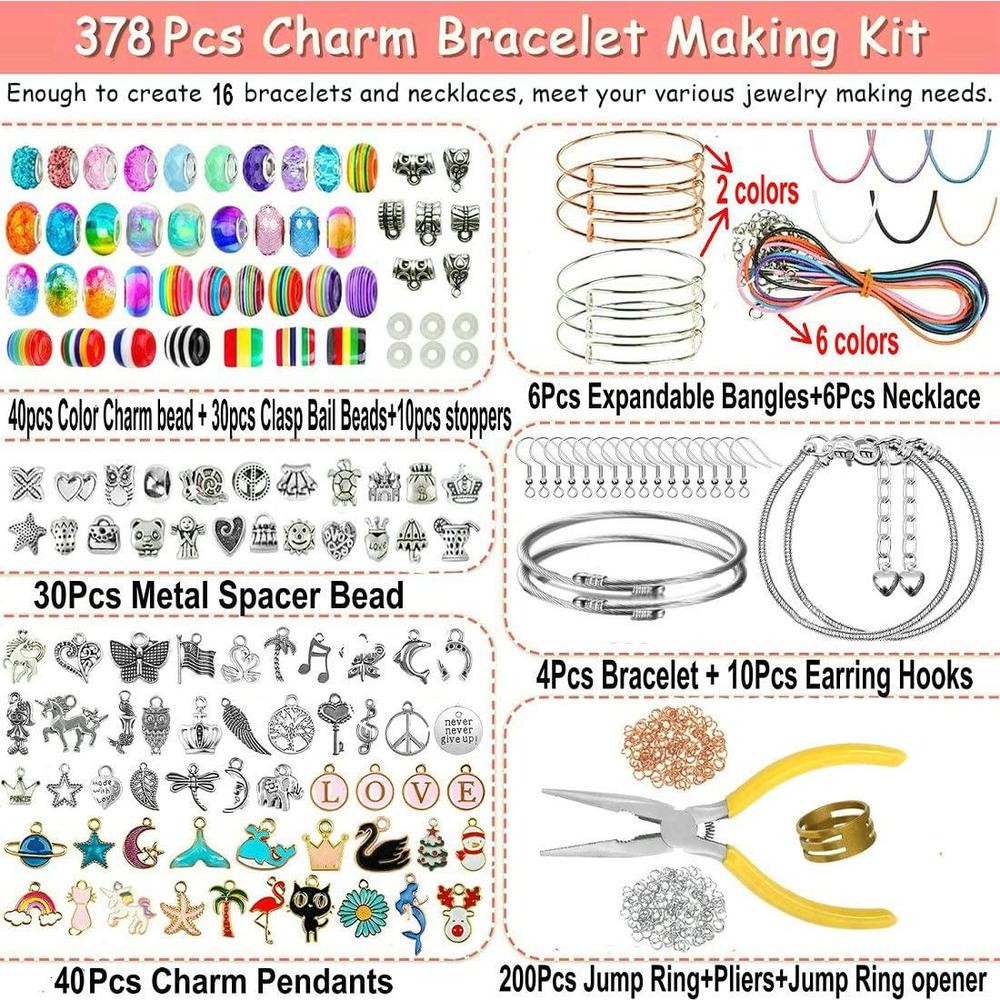 anpaiy 378pcs charm bangle bracelet making kit diy, jewelry making supplies  beads, expandable charm bracelets pendants plier set toy