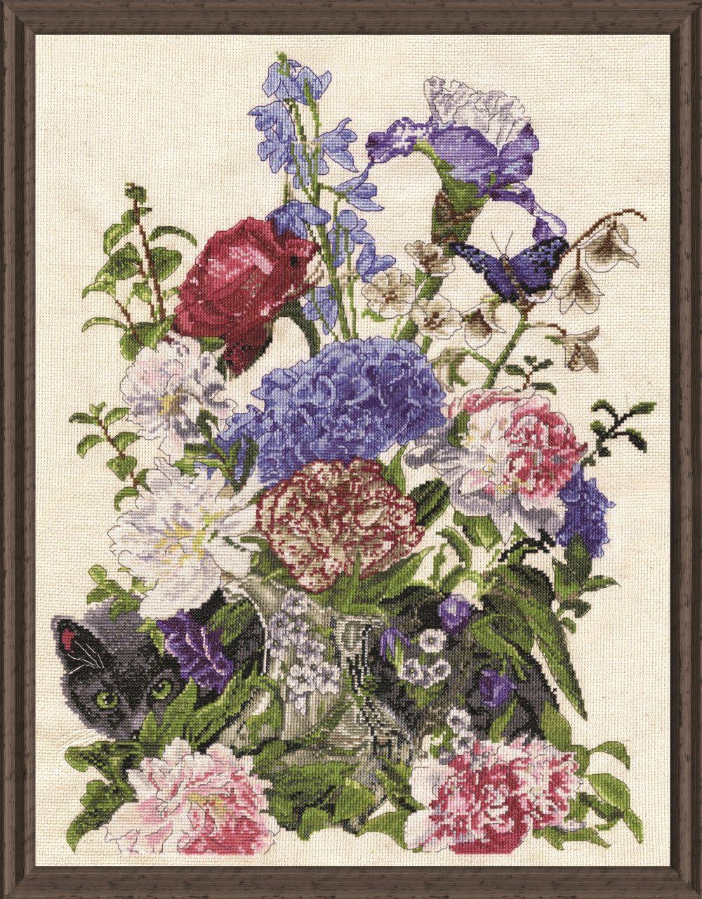 tobin 2908 14 count bouquet with cat counted cross stitch kit, 14" by 19", multicolor