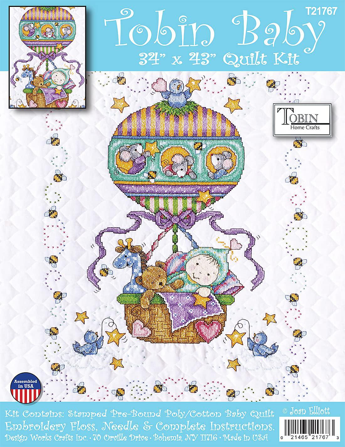 tobin balloon ride stamped for cross stitch baby quilt kit, 34"x43"
