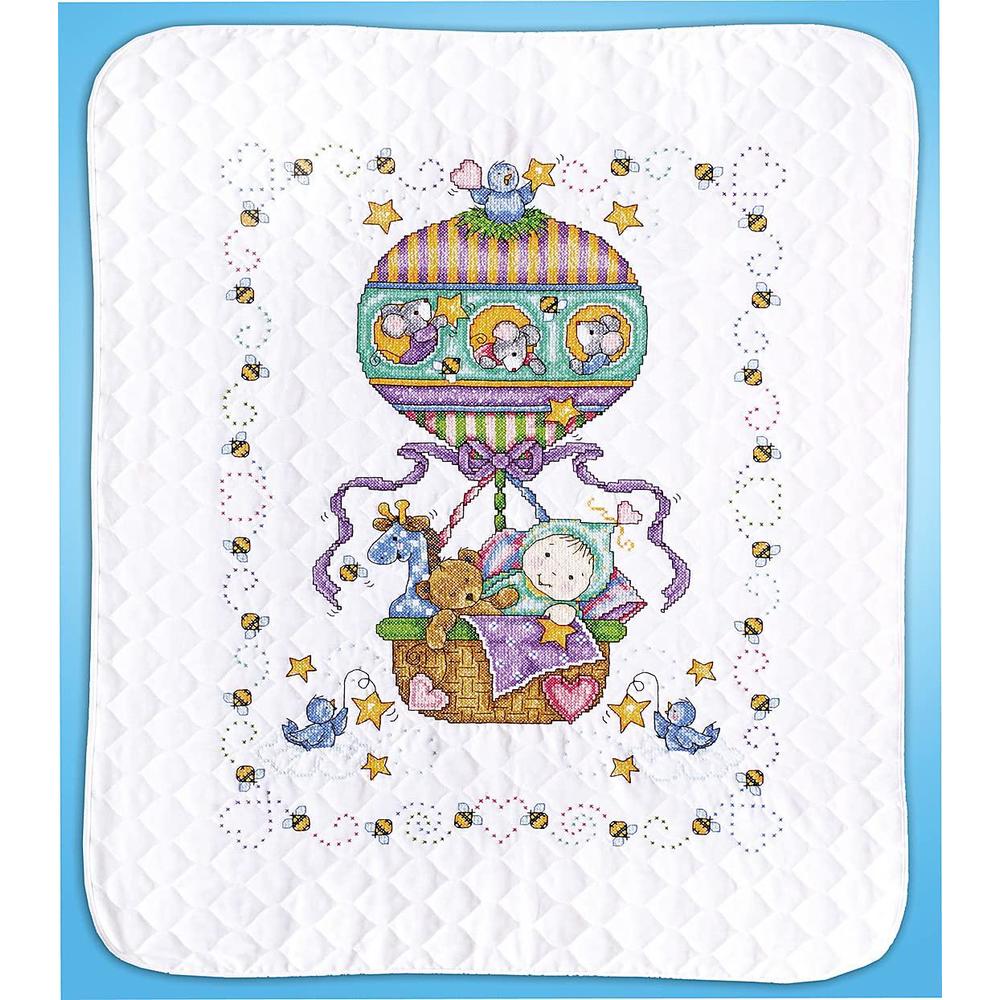 tobin balloon ride stamped for cross stitch baby quilt kit, 34"x43"