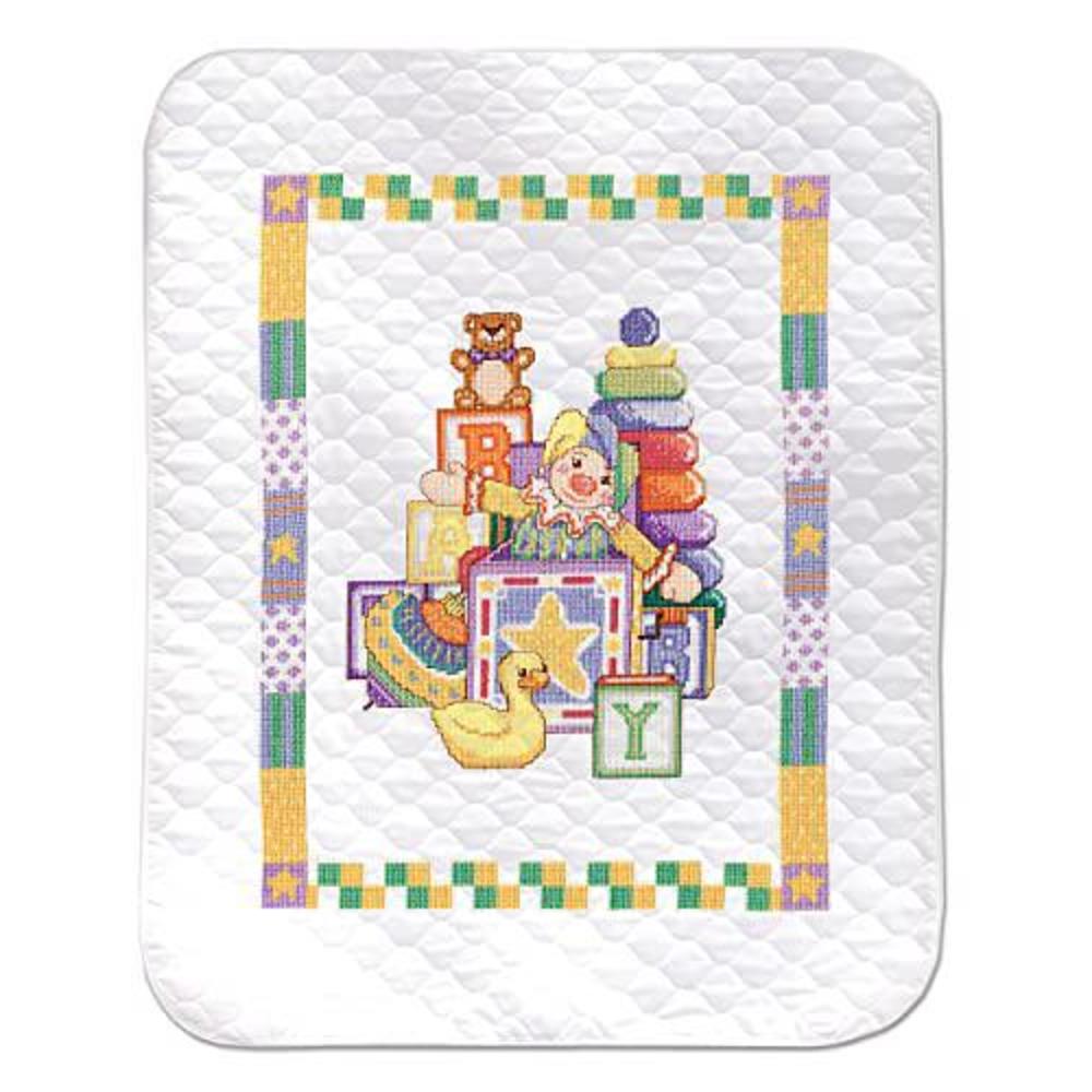 tobin jack in the box baby quilt stamped for cross stitch kit, 34"x43"
