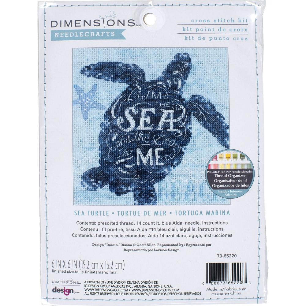 dimensions sea turtle animal counted cross stitch kit for beginners, 6" x 6", 14 cnt. light blue aida