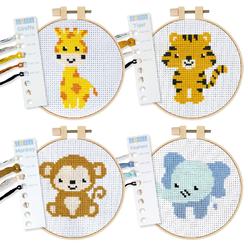 Kraftex cross stitch kits for beginners (zoo animal theme - 6.75 inch - 4pk 1x embroidery hoop) diy embroidery needlepoint patterns f