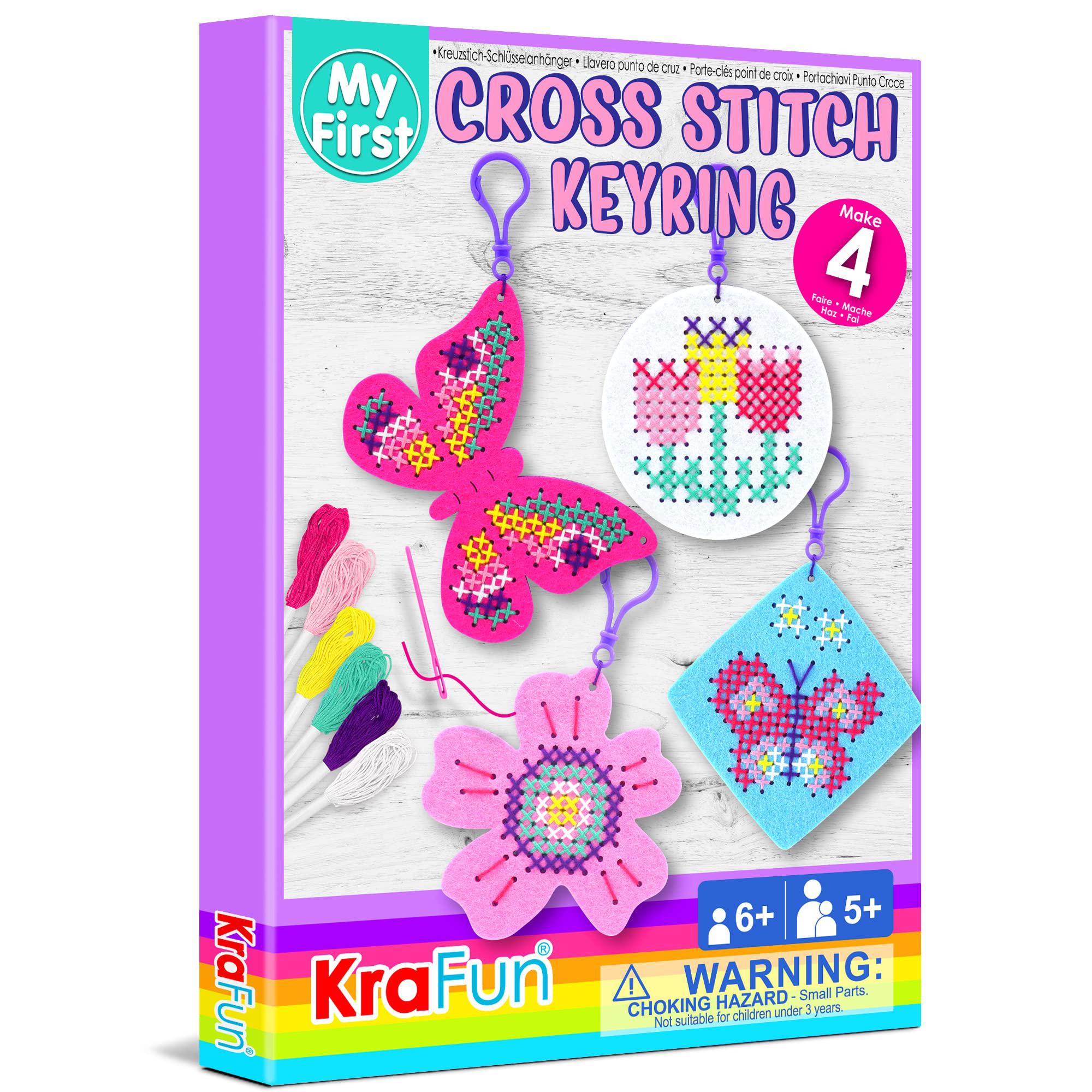 KRAFUN krafun cross stitch kits for kids beginners, 4 cross stitching  keyrings arts & crafts with butterfly and flower, needlepoint