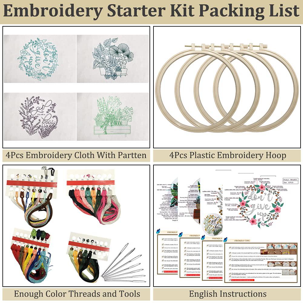 Entcook 4pcs flowers plant embroidery kits for beginners,include embroidery clothes with pattern,3pcs embroidery hoops and instructio