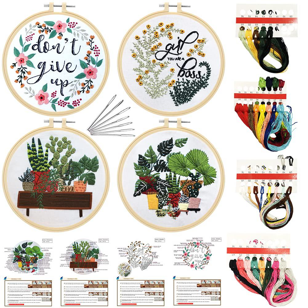 Entcook 4pcs flowers plant embroidery kits for beginners,include embroidery clothes with pattern,3pcs embroidery hoops and instructio