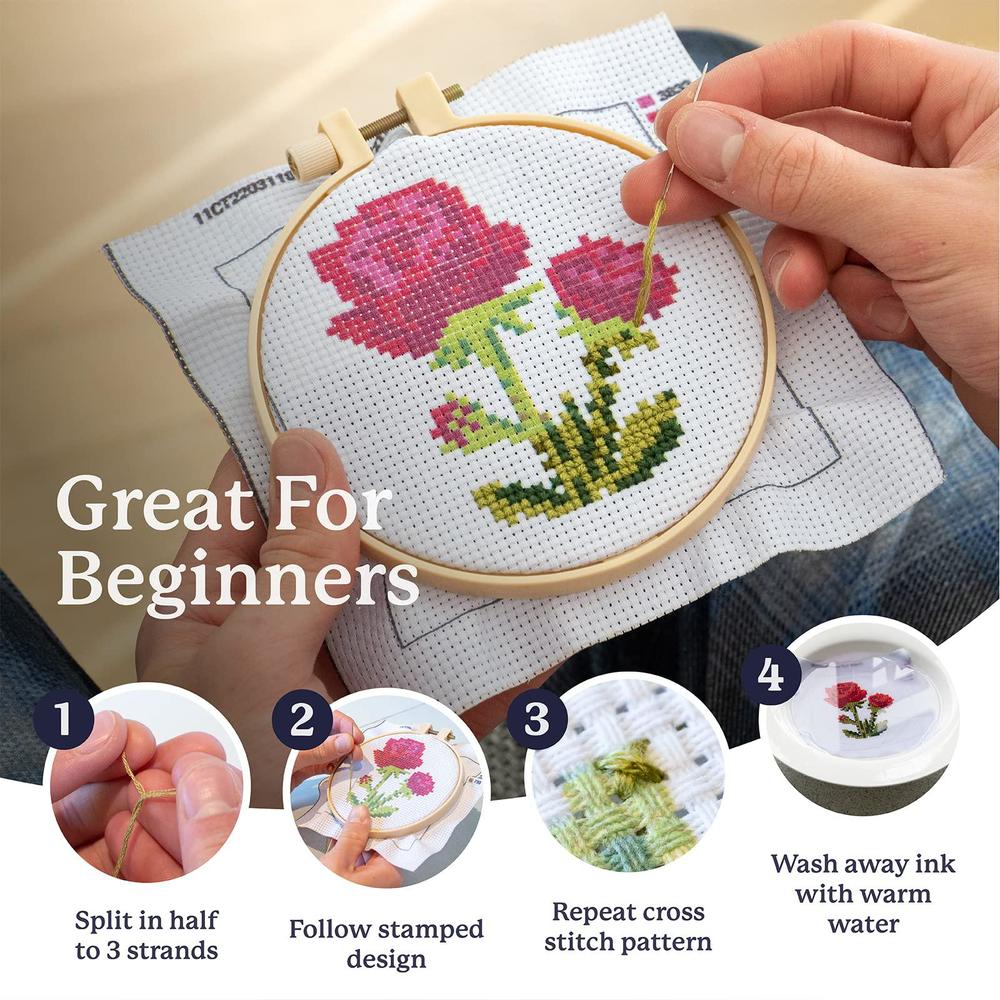Kraftex Cross Stitch Kits for Beginners (Flower Theme - 6.75 inch - 4 Pack 1 x Embroidery Hoop) DIY Embroidery Needlepoint Patterns F